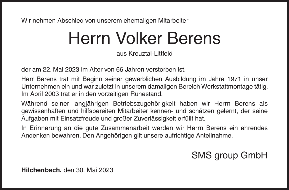  Traueranzeige für Volker Berens vom 30.05.2023 aus Siegener Zeitung