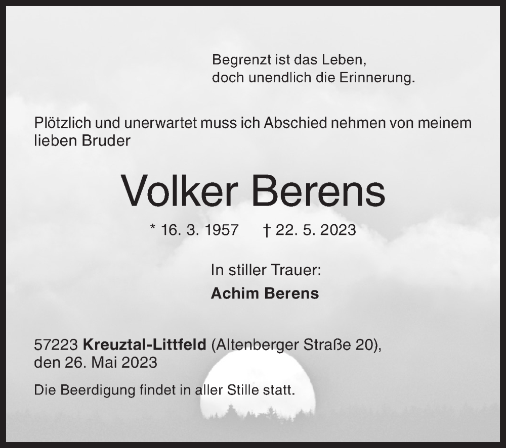  Traueranzeige für Volker Berens vom 26.05.2023 aus Siegener Zeitung