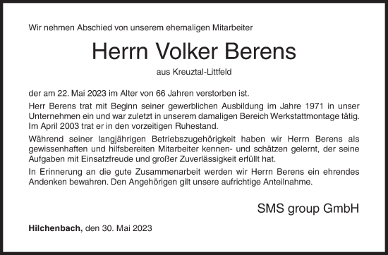 Traueranzeige von Volker Berens von Siegener Zeitung