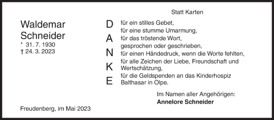 Traueranzeige von Waldemar Schneider von Siegener Zeitung