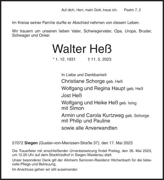 Traueranzeige von Walter Heß von Siegener Zeitung