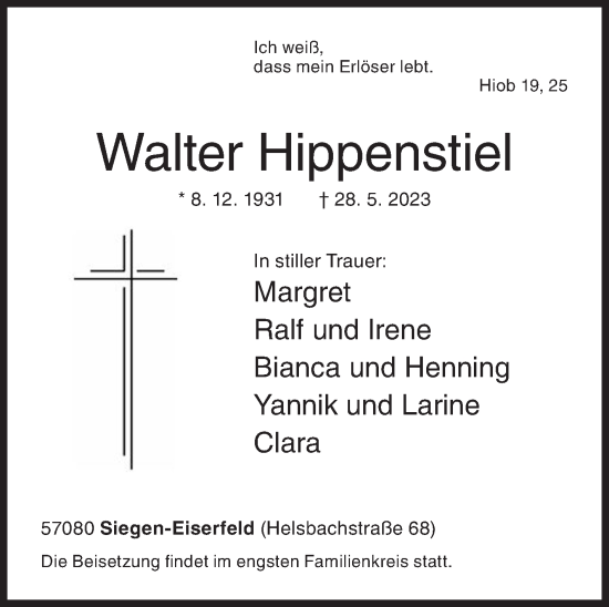Traueranzeige von Walter Hippenstiel von Siegener Zeitung