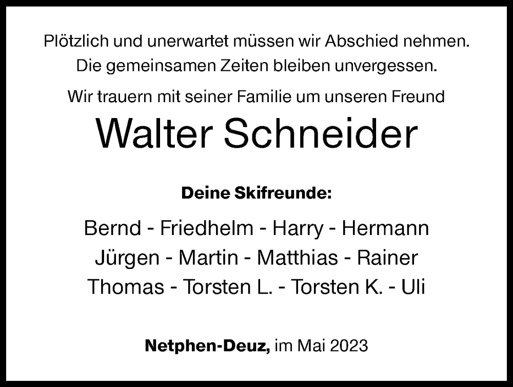  Traueranzeige für Walter Schneider vom 27.05.2023 aus Siegener Zeitung