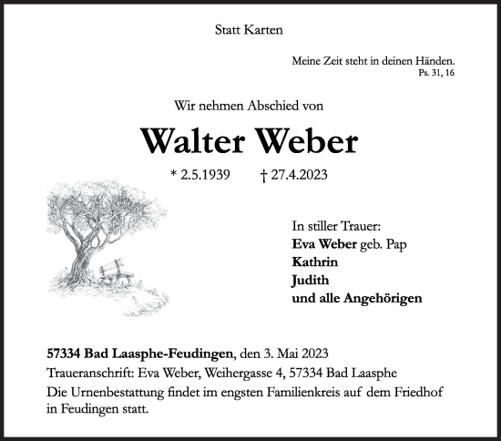 Traueranzeige von Walter Weber von Siegener Zeitung