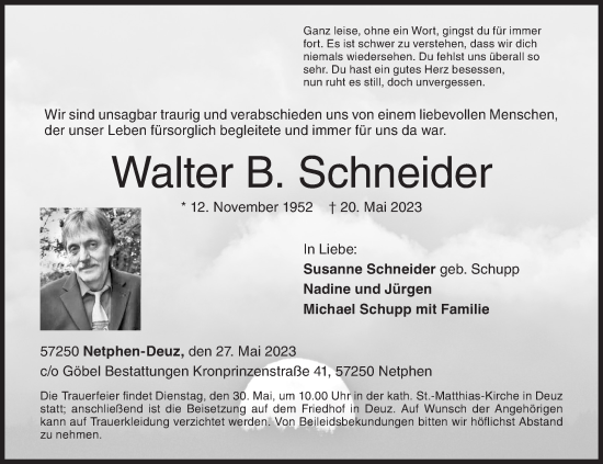 Traueranzeige von Walter B. Schneider von Siegener Zeitung