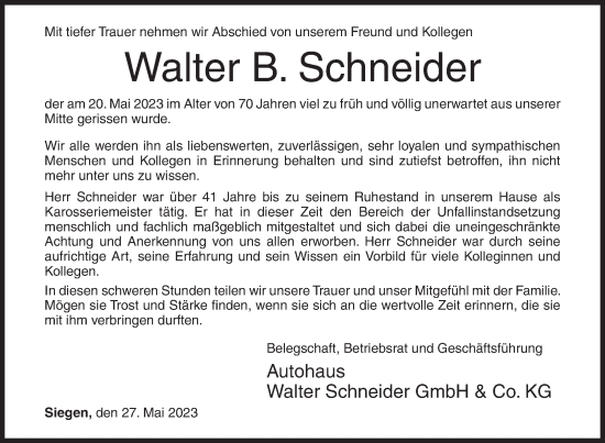Traueranzeige von Walter B. Schneider von Siegener Zeitung