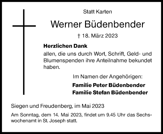 Traueranzeige von Werner Büdenbender von Siegener Zeitung