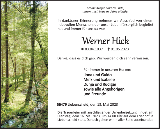 Traueranzeige von Werner Hick von Siegener Zeitung