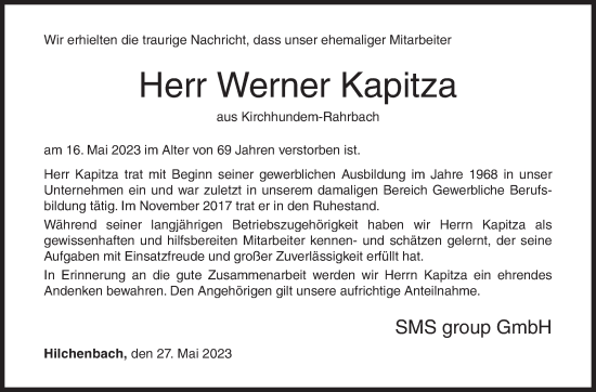 Traueranzeige von Werner Kapitza von Siegener Zeitung