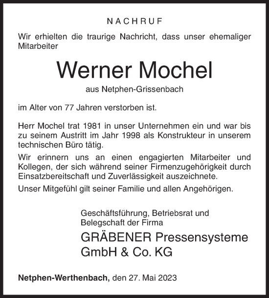 Traueranzeige von Werner Mochel von Siegener Zeitung