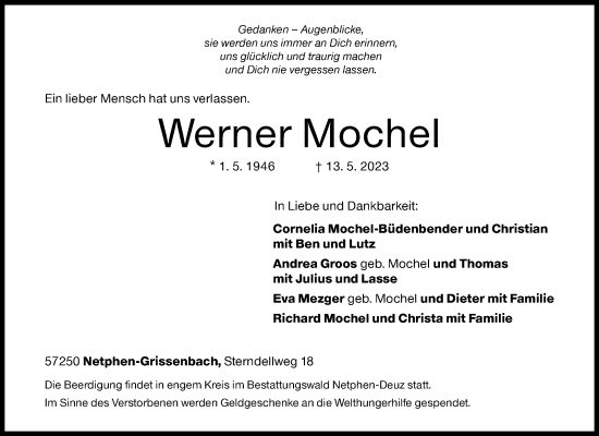 Traueranzeige von Werner Mochel von Siegener Zeitung