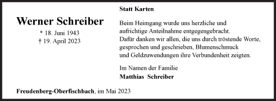 Traueranzeige von Werner Schreiber von Siegener Zeitung