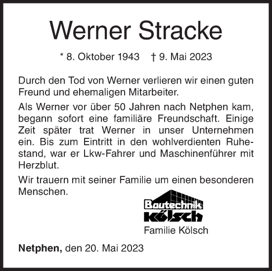Traueranzeige von Werner Stracke von Siegener Zeitung