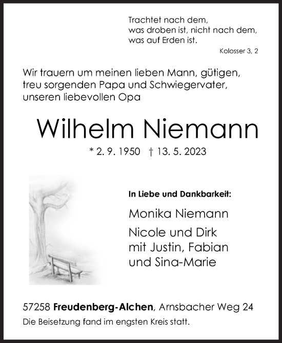 Traueranzeige von Wilhelm Niemann von Siegener Zeitung