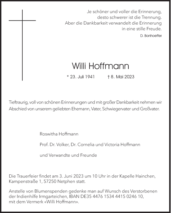 Traueranzeige von Willi Hoffmann von Siegener Zeitung