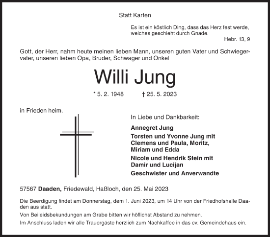 Traueranzeige von Willi Jung von Siegener Zeitung