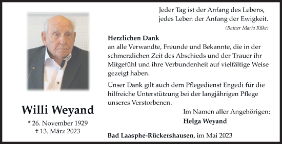 Traueranzeige von Willi Weyand von Siegener Zeitung