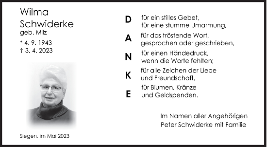 Traueranzeige von Wilma Schwiderke von Siegener Zeitung