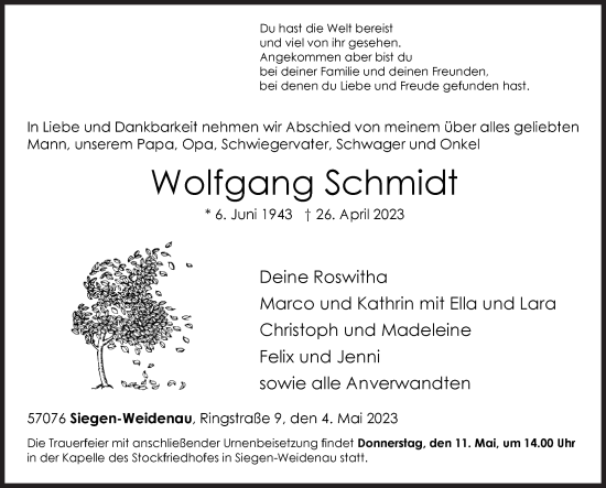 Traueranzeige von Wolfgang Schmidt von Siegener Zeitung