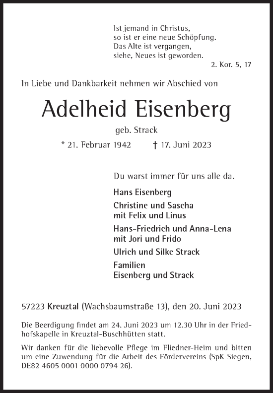 Traueranzeige von Adelheid Eisenberg von Siegener Zeitung