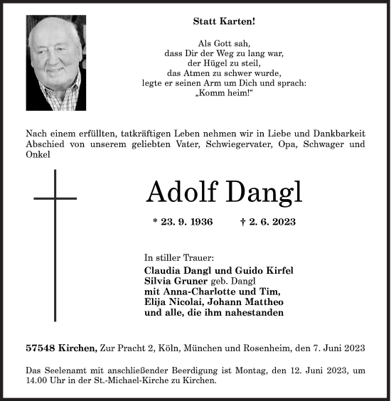 Traueranzeige von Adolf Dangl von Siegener Zeitung