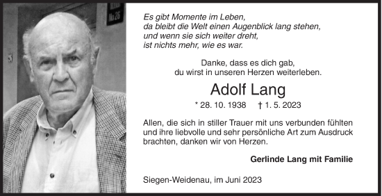 Traueranzeige von Adolf Lang von Siegener Zeitung
