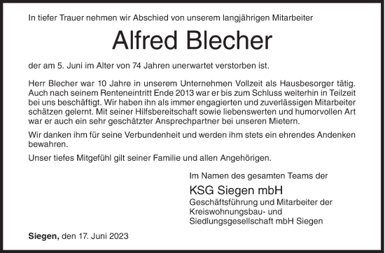Traueranzeige von Alfred Blecher von Siegener Zeitung