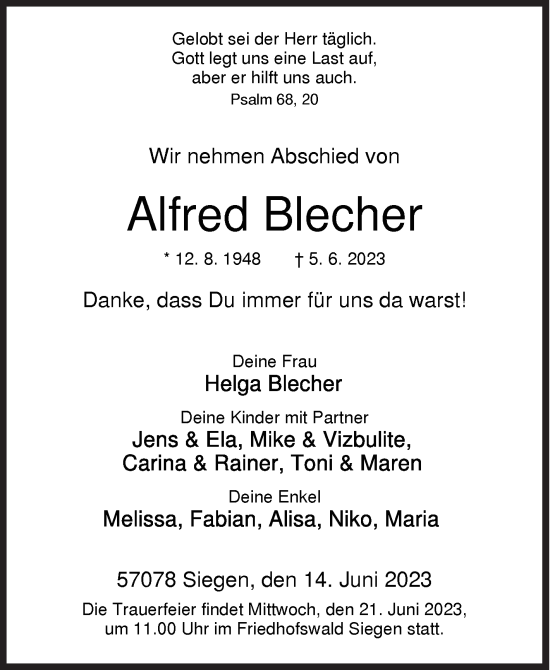 Traueranzeige von Alfred Blecher von Siegener Zeitung