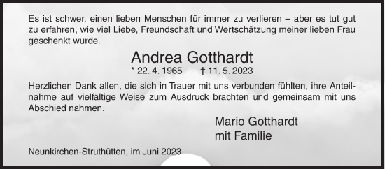 Traueranzeige von Andrea Gotthardt von Siegener Zeitung
