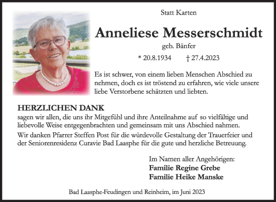 Traueranzeige von Anneliese Messerschmidt von Siegener Zeitung