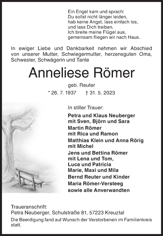 Traueranzeige von Anneliese Römer von Siegener Zeitung