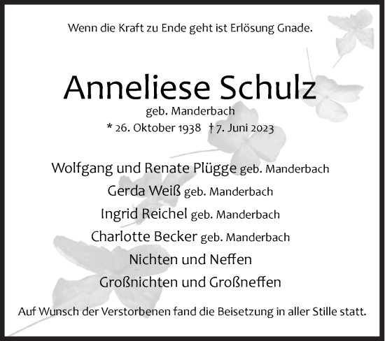 Traueranzeige von Anneliese Schulz von Siegener Zeitung