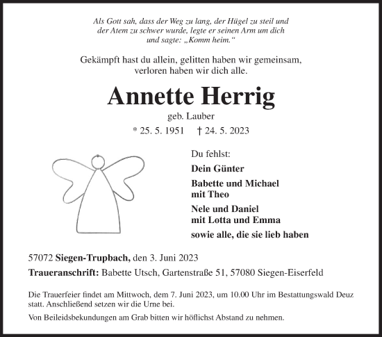 Traueranzeige von Annette Herrig von Siegener Zeitung