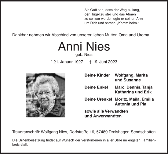 Traueranzeige von Anni Nies von Siegener Zeitung