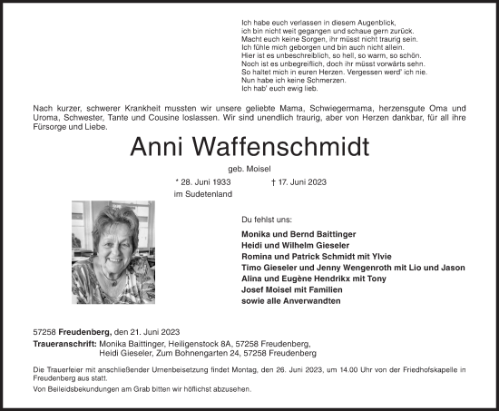 Traueranzeige von Anni Waffenschmidt von Siegener Zeitung