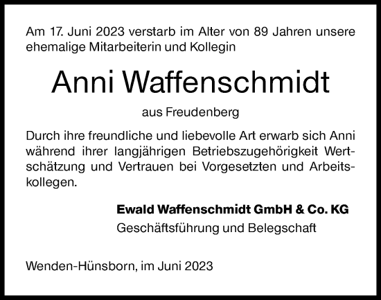 Traueranzeige von Anni Waffenschmidt von Siegener Zeitung