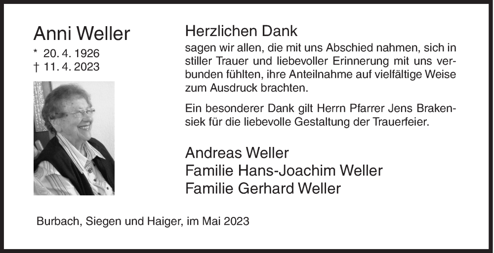 Traueranzeige für Anni Weller vom 02.06.2023 aus Siegener Zeitung