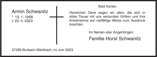 Traueranzeige von Armin Schwanitz von Siegener Zeitung