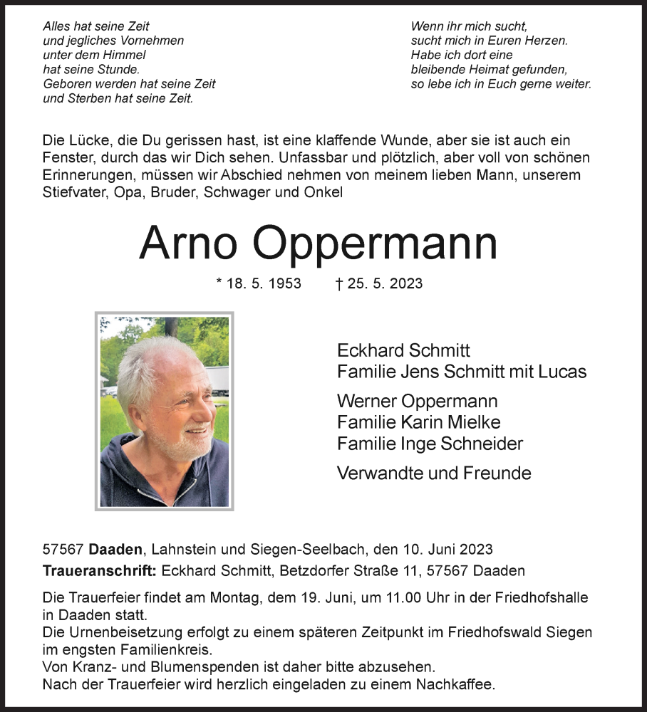  Traueranzeige für Arno Oppermann vom 10.06.2023 aus Siegener Zeitung