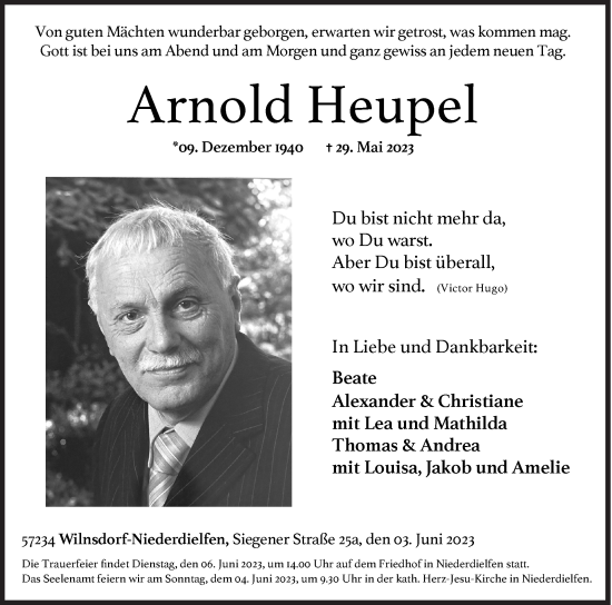 Traueranzeige von Arnold Heupel von Siegener Zeitung