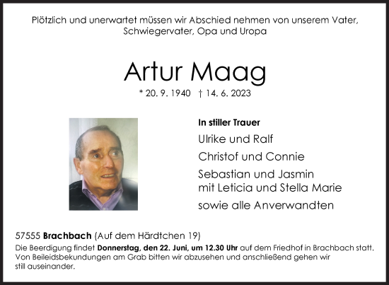 Traueranzeige von Artur Maag von Siegener Zeitung