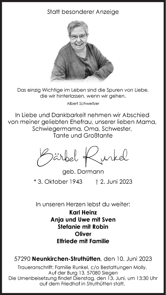 Traueranzeige von Bärbel Runkel von Siegener Zeitung