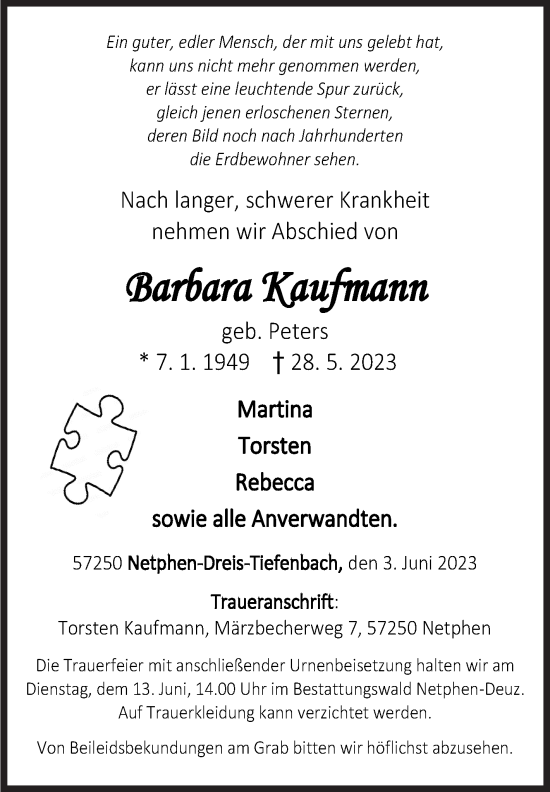 Traueranzeige von Barbara Kaufmann von Siegener Zeitung