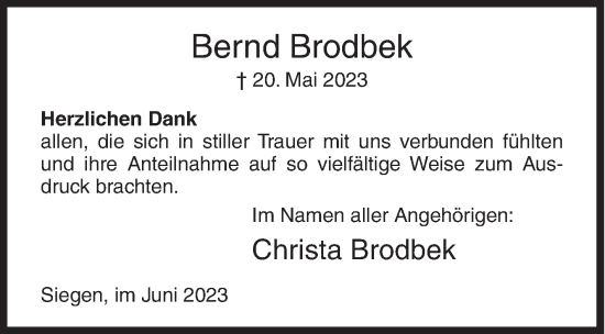 Traueranzeige von Bernd Brodbek von Siegener Zeitung