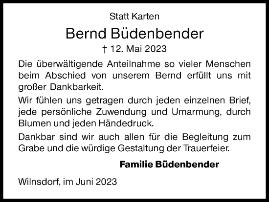 Traueranzeige von Bernd Büdenbender von Siegener Zeitung