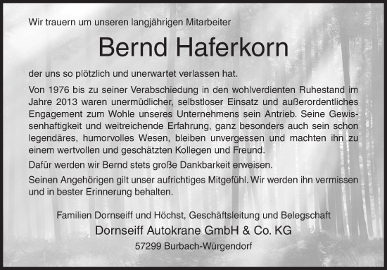 Traueranzeige von Bernd Haferkorn von Siegener Zeitung