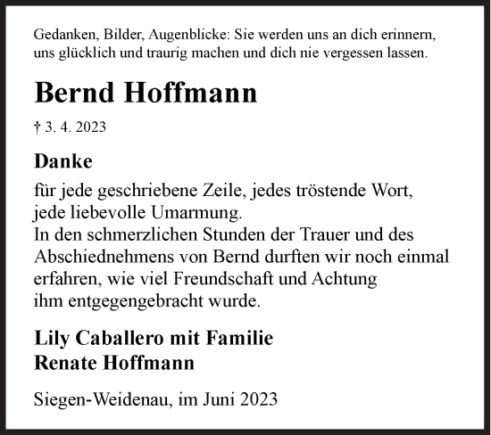 Traueranzeige von Bernd Hoffmann von Siegener Zeitung