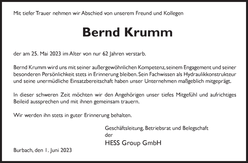  Traueranzeige für Bernd Krumm vom 01.06.2023 aus Siegener Zeitung