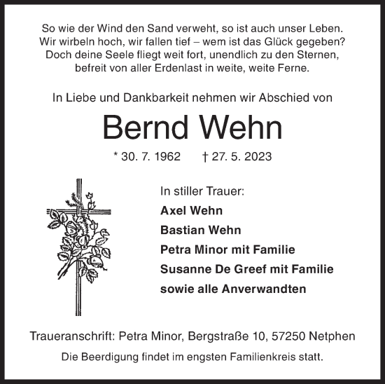 Traueranzeige von Bernd Wehn von Siegener Zeitung