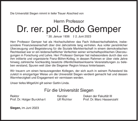 Traueranzeige von Bodo Gemper von Siegener Zeitung